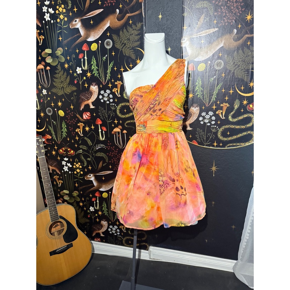 dELiAs One Shoulder Mini Dress Orange Pink Floral‎ Pleated Ruched Party Size 5/6
